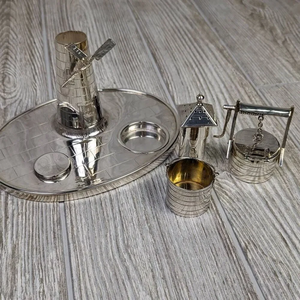 Victorian Silver Plated Novelty Cruet Set with Engraved Windmill Style Pepper Po